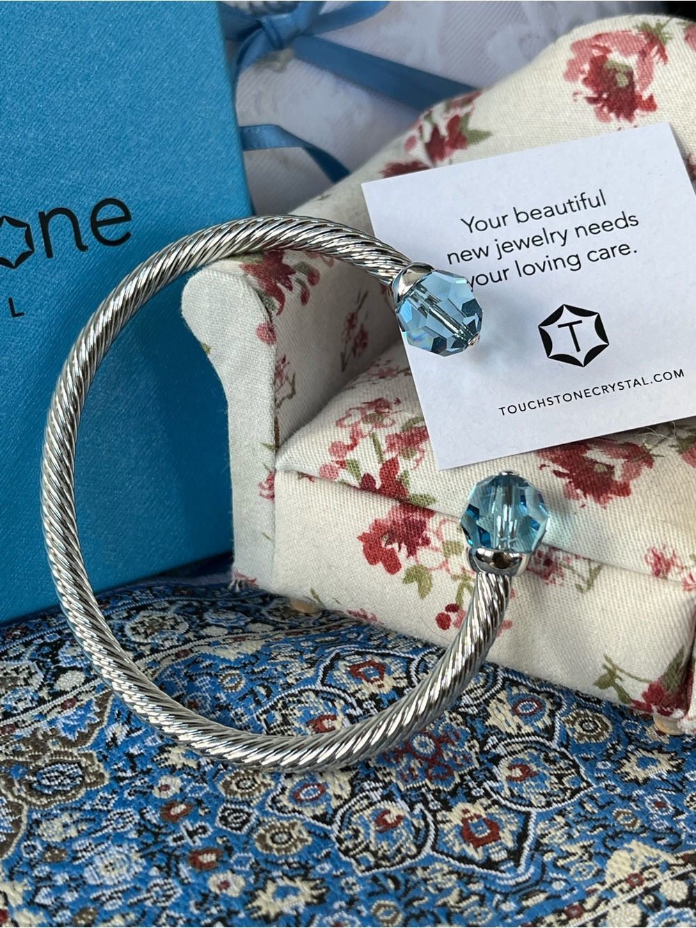 TSC Swarovski Crystal Silver Cuff with Sky Blue Crystal Ends, NWT